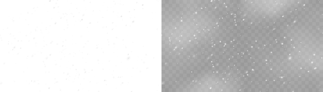 Realistic falling snow with white flakes in the air. Snowy texture on transparent background for creating winter mood, overlays, or festive effects.