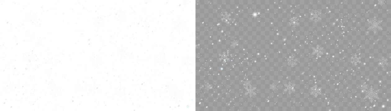 White snowflakes falling on transparent background. Light winter snowfall with multiple shapes and forms. Frosty air overlay for Christmas, winter holidays, or seasonal design.