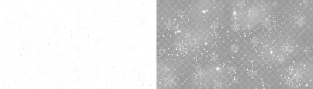 Realistic falling snow with white flakes in the air. Snowy texture on transparent background for creating winter mood, overlays, or festive effects.
