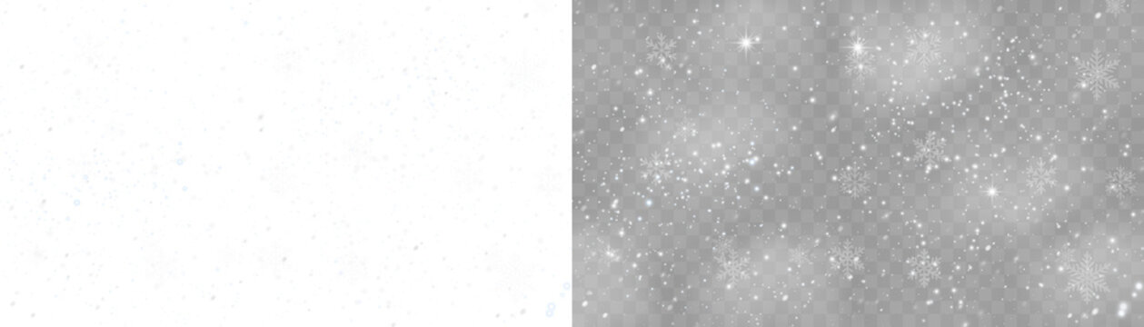 Winter snowfall texture with realistic white snowflakes on transparent background. Use as overlay for New Year cards, holiday posters, or frosty scenes.