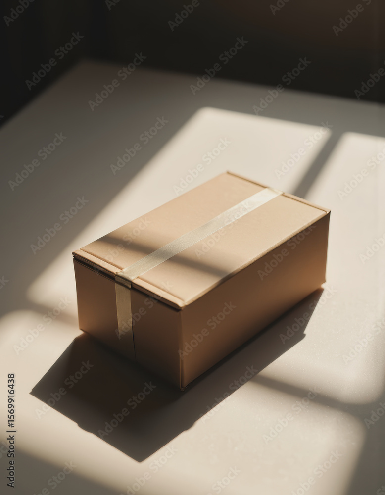 Poster closed cardboard box gently floating above a surface in soft light