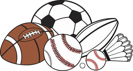 Sports Equipment. Sports shop logo. Group of balls the team games isolated on white background. A realistic vector-style illustration of various sports balls and equipment grouped together on a white 