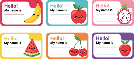 Printable fruit name tags for kids, cute hello my name is labels, classroom name tags, school supplies