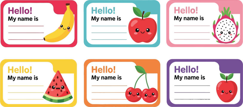 Printable fruit name tags for kids, cute hello my name is labels, classroom name tags, school supplies