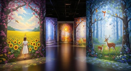 Immersive art exhibit featuring nature scenes with sunflower fields and forest landscapes on display walls