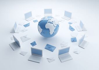 A globe surrounded by laptops with blue envelopes floating above them,