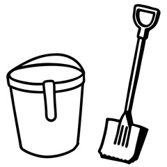 Bucket and shovel line art vector illustration 
