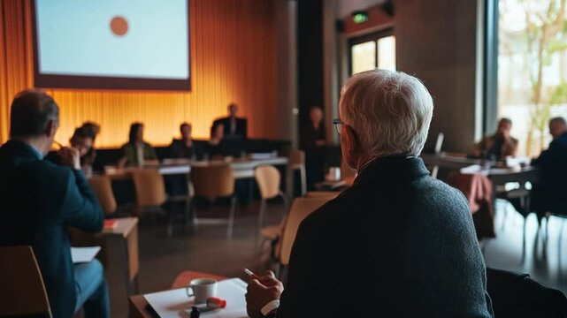 Conference meeting video showing diverse group of people attending a seminar event indoor