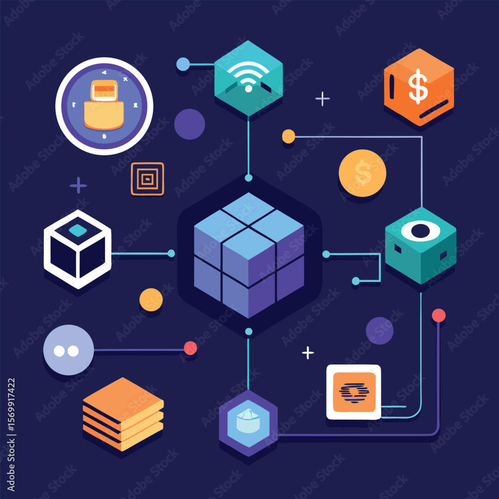Poster a stylized illustration depicting network nodes connected by data lines representing finance and clo