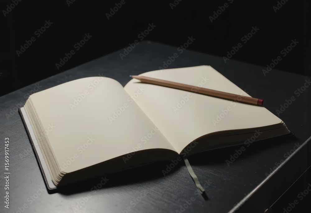 Poster plain notebook with a soft cover and pencil resting on a desk