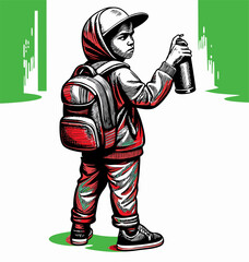 Young Boy with Backpack Spray Painting Graffiti Art