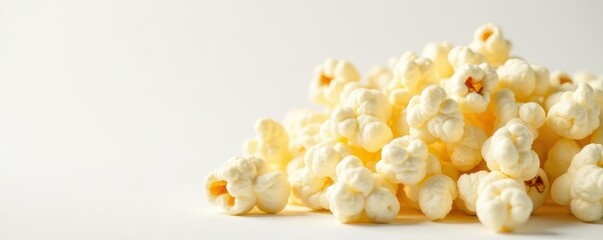 Fluffy, buttery popcorn kernels on a pristine white background , yellow, macro, snack