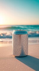 Mockup of a cold beverage can with condensation on a sandy beach at sunset. Refreshing summer drink by the ocean.