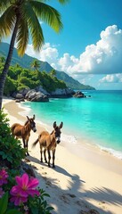 Donkeys Frolicking on a Sun-Drenched Island Paradise A Carefree Getaway