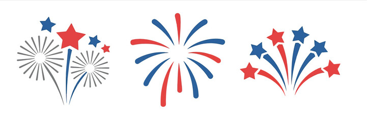 Red blue and grey fireworks with stars celebration graphic design set vector
