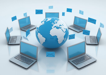 A globe surrounded by laptops with blue envelopes floating above them,