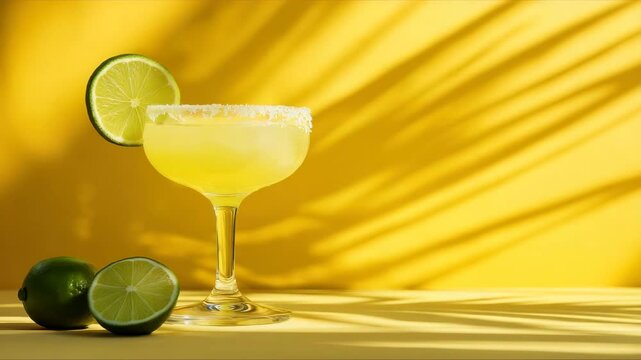 Vibrant yellow cocktail garnished with a fresh lime slice and salted rim in a stylish glass on a sunny yellow backdrop with palm shadows. Perfect for summer drink menus, tropical themes, party ads, an