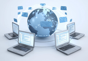A globe surrounded by laptops with blue envelopes floating above them,
