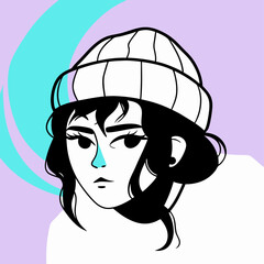Stylish Girl in Knit Beanie - Line Art Portrait Illustration