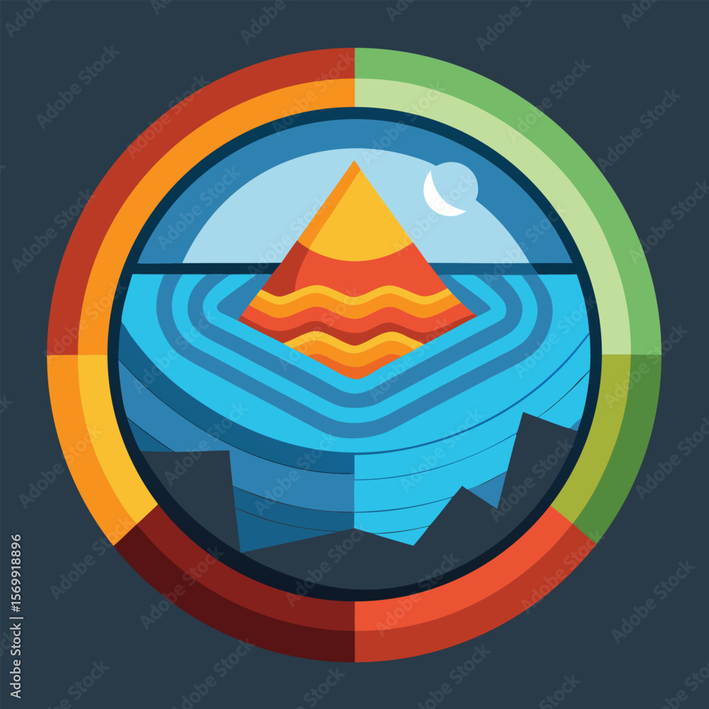 Poster abstract geometric composition depicting a stylized mountain landscape within a circular frame with 