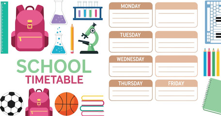 School timetable template vector illustration with school supplies for students and teachers design