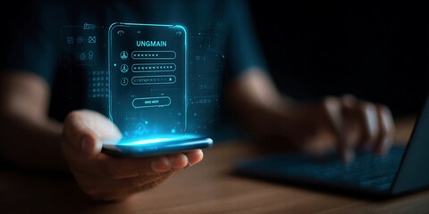 User login interface concept showing secure authentication via smartphone and laptop. Ideal for UX...