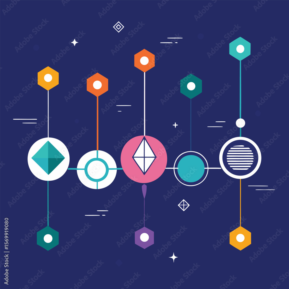 Poster abstract geometric design featuring connected shapes and lines arranged in a stylized pattern agains