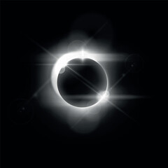 Sunrise, solar or moon eclipse with spark and halo effects, vector white glowing round aura and globe dark silhouette