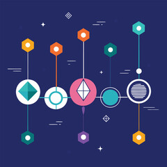 Abstract geometric design featuring connected shapes and lines arranged in a stylized pattern against a dark blue background.