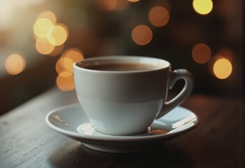 Obraz premium Simple ceramic coffee cup floating above a saucer with a warm bokeh background
