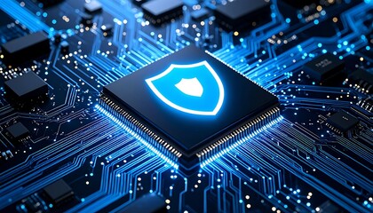 Circuit board with glowing security shield