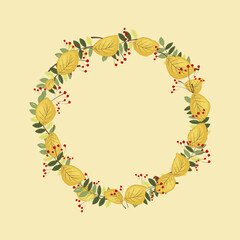 Autumn Floral Wreath Frame with yellow, red maple leaves, berries and green foliage on a beige background. For seasonal invitations, cards, packaging, decorative designs with an autumn theme. Vector.