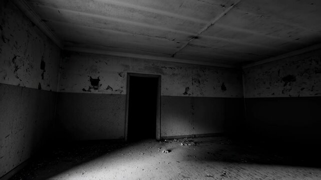 Abandoned room in decaying building. Dark, empty interior with peeling walls and open doors. Eerie atmosphere for horror film or ghost hunting concept. Black and white image.