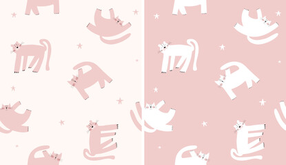 Funny Seamless Vector Patterns With Fat Kitty On a White and Pastel Pink Background. Childish Hand Drawn Wallpaper With Happy Pink And White Cats. Endless Print For Cat Lovers. 