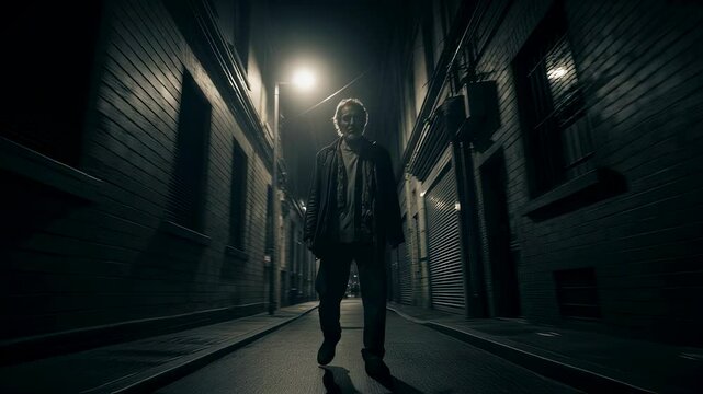 Man in suit walking alone in dark, eerie alley at night. Urban crime scene concept. Mysterious stranger in dimly lit narrow street. Suspense thriller atmosphere.