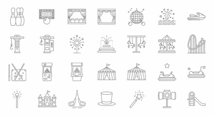 Amusement Park Icon Set 30 Line Art Illustrations of Carnival Rides, Games, and Attractions for Web and App Design
