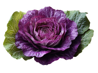 A purple flower with green leaves sits on a white background