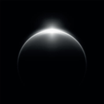 Sunrise horizon, solar or moon eclipse with blur spark effect, vector white glowing round aura and globe dark silhouette