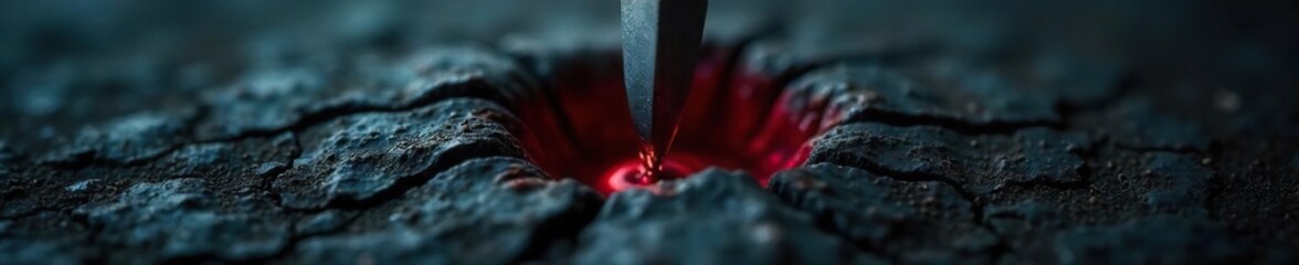 Piercing Metal Close-up of Sharp Object Puncturing Dark Fabric, Symbolizing Intense Pain and Suffering; High Contrast Image Ideal for Conceptual Art, Drama, and Thriller Projects.
