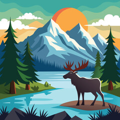 Christmas deer in a winter forest landscape illustration with snow-covered trees and a wild reindeer silhouette