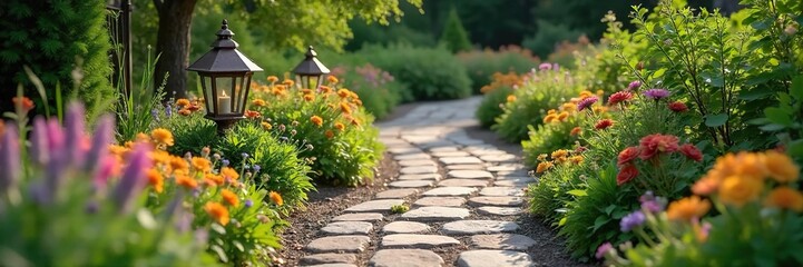 Winding Garden Path with Rustic Charm Lanterns, Flowers, and Stones Create a Whimsical and Elegant Outdoor Scene, Perfect for Home and Garden Design Inspiration.