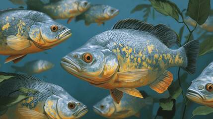 Fototapeta premium Bluegill Fish School: A vibrant school of bluegill fish swim together in clear water, their scales shimmering with iridescent blue and gold.
