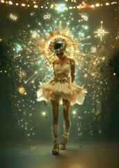 A fantasy illustration of a punk ballerina, disco light burst and halo