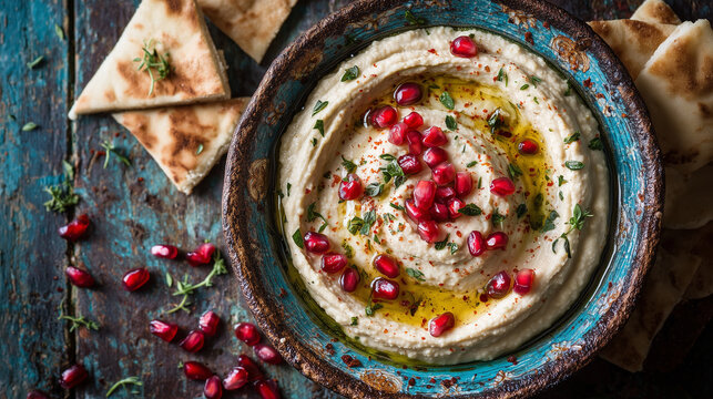 Creamy baba ganoush served in a ceramic bowl and sprinkled with olive oil. Classic Middle Eastern eggplant dip with rich smoky flavor.