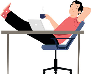 A man at desk with laptop on coffee break