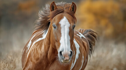 Obraz premium Majestic Horse Portrait: A stunning close-up of a vibrant, majestic horse with a flowing mane and striking markings, embodying grace and strength in a natural setting.