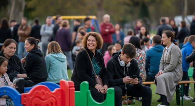 Diverse group of people gathered outdoors for community event. Social interaction at public park. Inclusive neighborhood gathering with playground equipment visible.