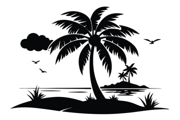 Obraz premium Black Silhouette of Palm Trees on Tropical Islands with Flying Birds and Cloud
