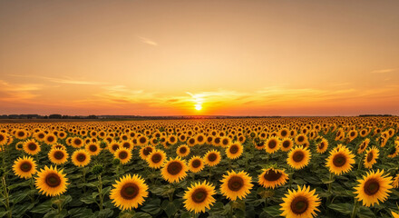 Sunflower field at sunset. Golden hour landscape. Blooming yellow flowers in rural farmland. Summer nature scenery. Agricultural crop. Romantic countryside view with copy space.
