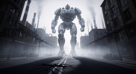Giant robot mech walking in futuristic dystopian city street. Sci-fi urban warfare concept. Apocalyptic industrial landscape with massive battle machine and skyscrapers.